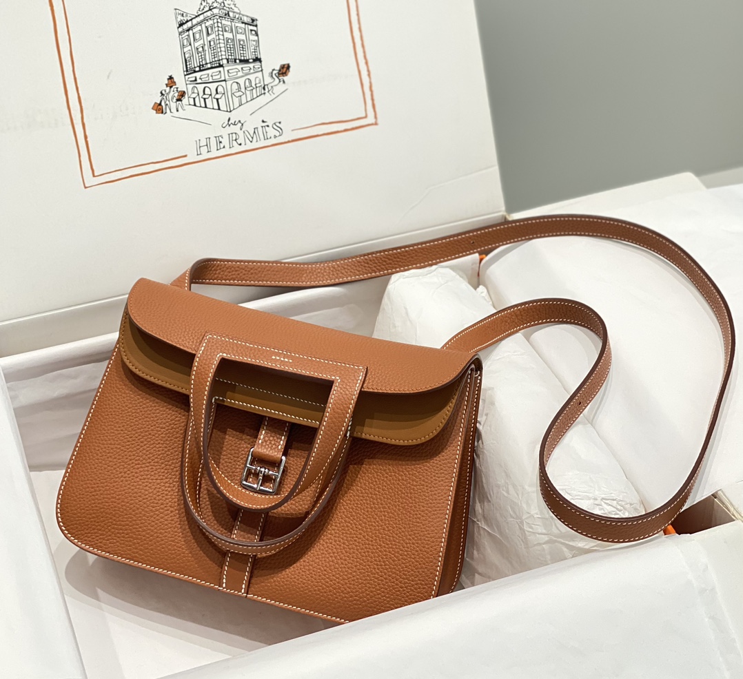 Hermes Mini Halzan 22 Handbag Shoulder Bag In Brown Clemence Leather